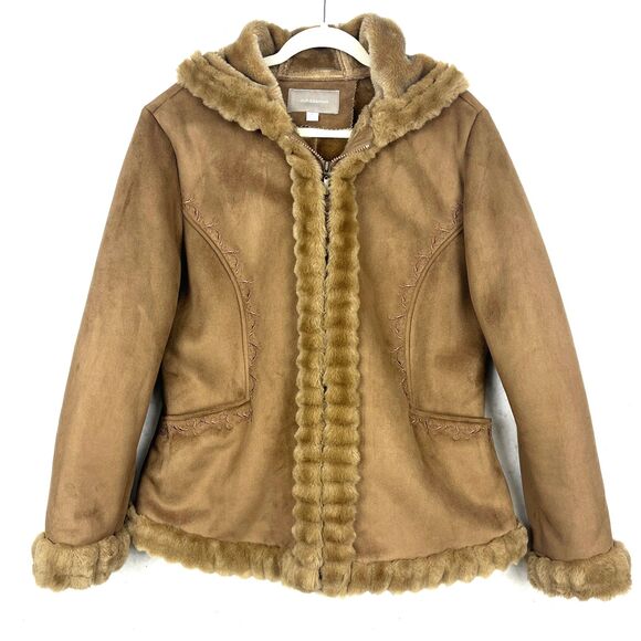 Faux Suede Jacket Womens SZ XL Faux Fur Trim Hood Embroidered Floral Soft Brown - Picture 1 of 11